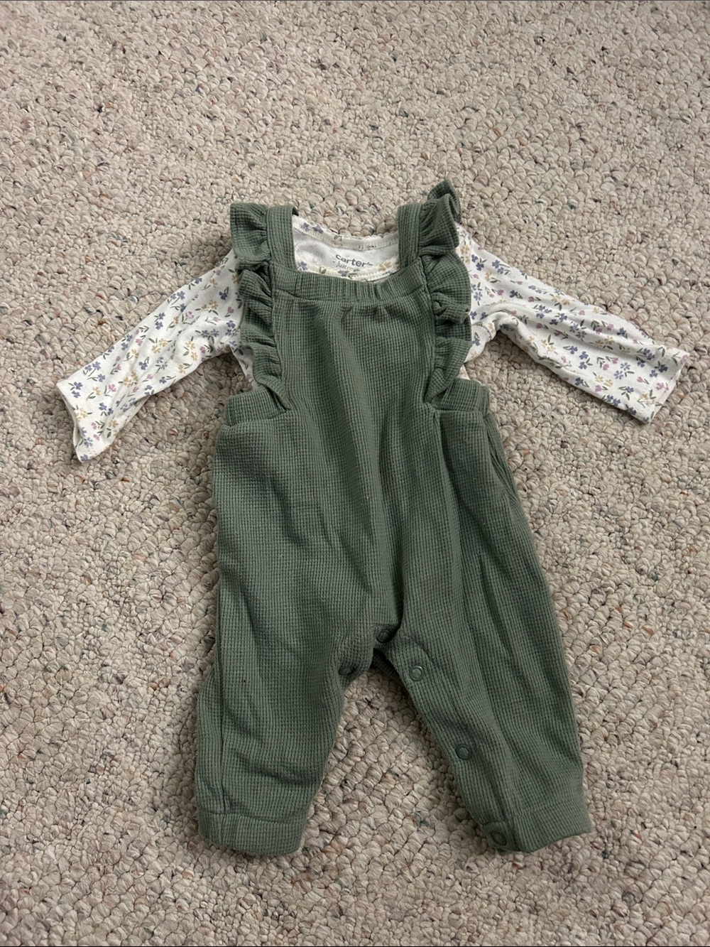 Carter's Green Ruffle Strap Overalls newborn set